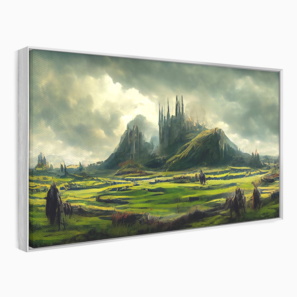 Tablou canvas cu tablou canvas cu cetate medievala si peisaj, in rama de aluminiu argintiu